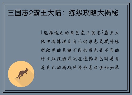 三国志2霸王大陆：练级攻略大揭秘